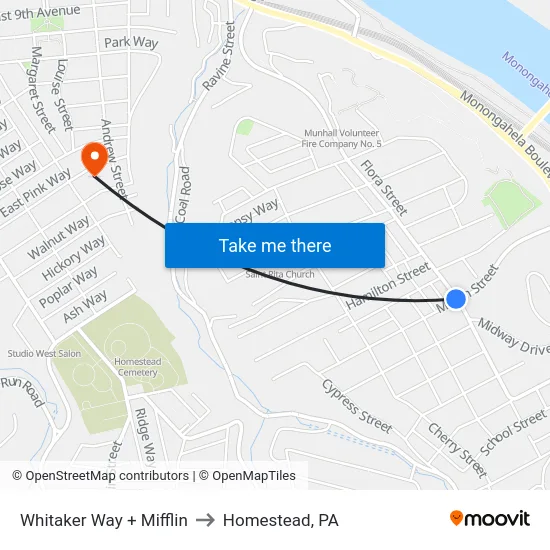Whitaker Way + Mifflin to Homestead, PA map