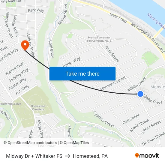 Midway Dr + Whitaker FS to Homestead, PA map