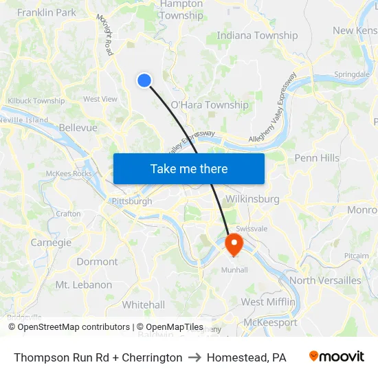 Thompson Run Rd + Cherrington to Homestead, PA map