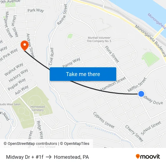 Midway Dr + #1f to Homestead, PA map