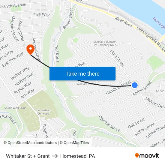 Whitaker St + Grant to Homestead, PA map