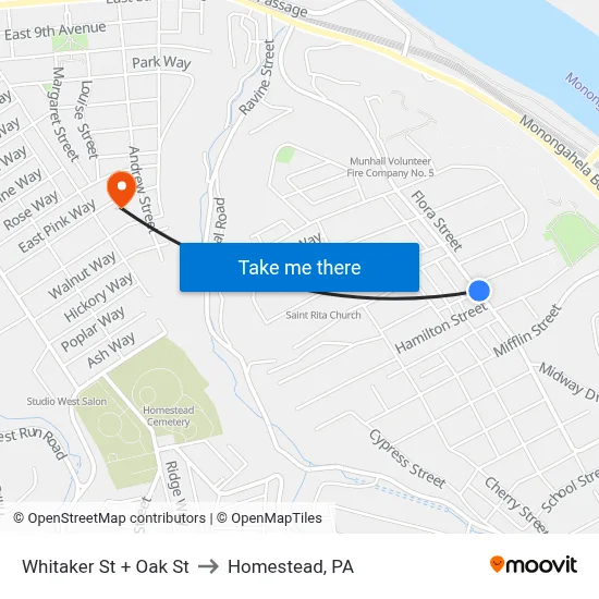 Whitaker St + Oak St to Homestead, PA map