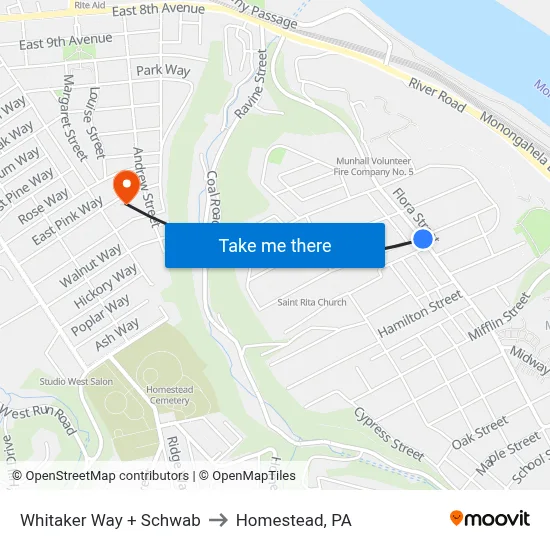 Whitaker Way + Schwab to Homestead, PA map