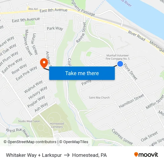 Whitaker Way + Larkspur to Homestead, PA map