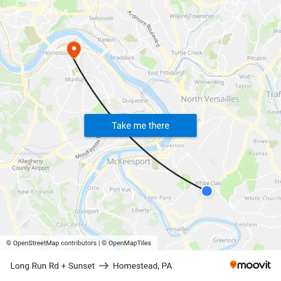 Long Run Rd + Sunset to Homestead, PA map