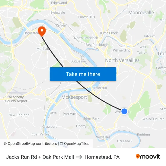 Jacks Run Rd + Oak Park Mall to Homestead, PA map