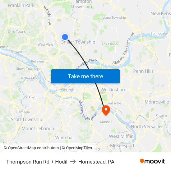 Thompson Run Rd + Hodil to Homestead, PA map