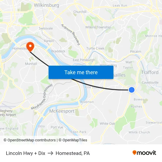 Lincoln Hwy + Dix to Homestead, PA map