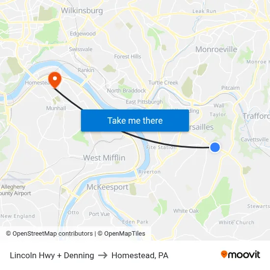Lincoln Hwy + Denning to Homestead, PA map