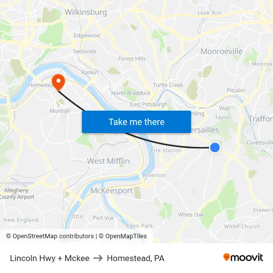Lincoln Hwy + Mckee to Homestead, PA map