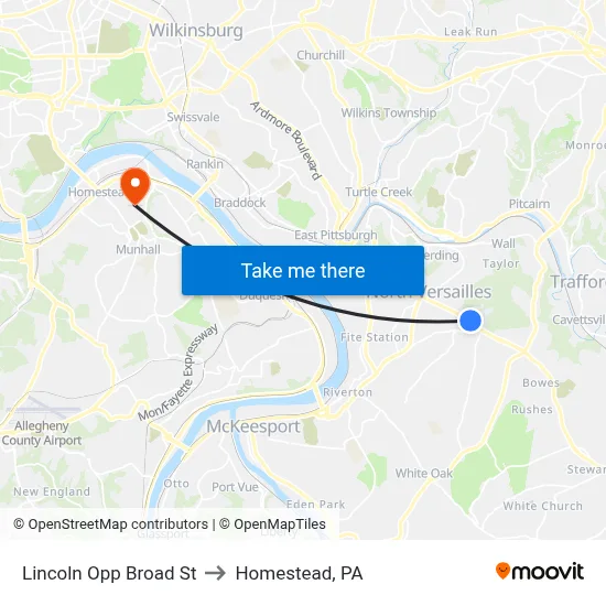Lincoln Opp Broad St to Homestead, PA map
