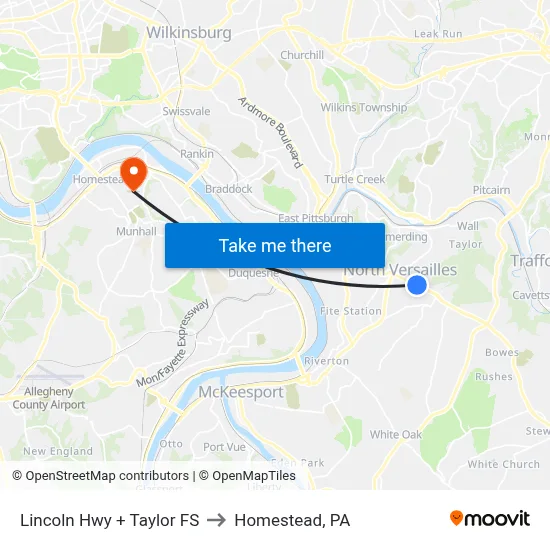 Lincoln Hwy + Taylor FS to Homestead, PA map