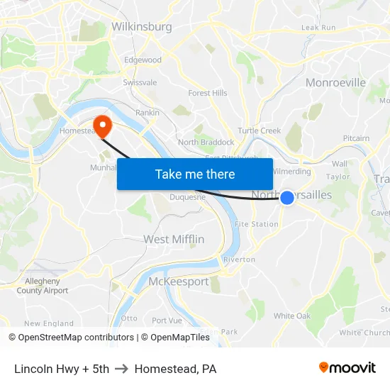 Lincoln Hwy + 5th to Homestead, PA map