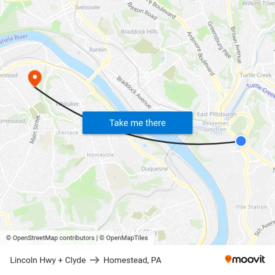 Lincoln Hwy + Clyde to Homestead, PA map