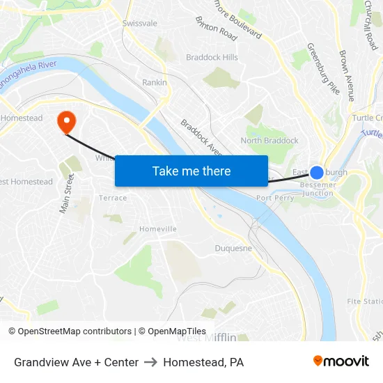 Grandview Ave + Center to Homestead, PA map