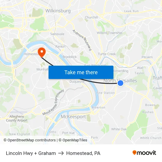 Lincoln Hwy + Graham to Homestead, PA map