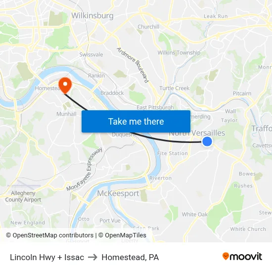 Lincoln Hwy + Issac to Homestead, PA map