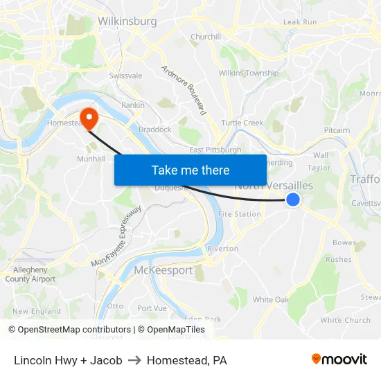 Lincoln Hwy + Jacob to Homestead, PA map