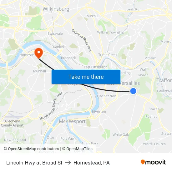 Lincoln Hwy at Broad St to Homestead, PA map