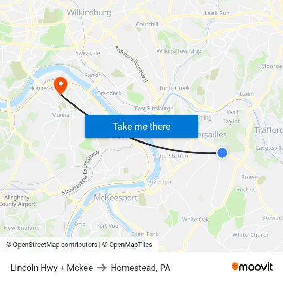 Lincoln Hwy + Mckee to Homestead, PA map