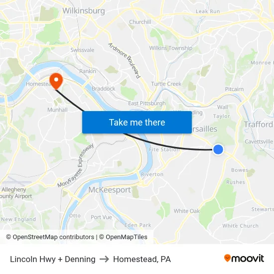 Lincoln Hwy + Denning to Homestead, PA map