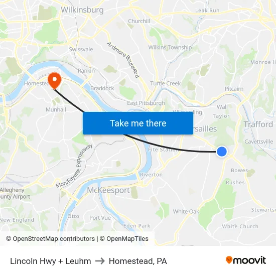 Lincoln Hwy + Leuhm to Homestead, PA map