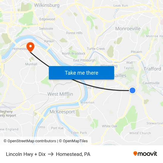 Lincoln Hwy + Dix to Homestead, PA map