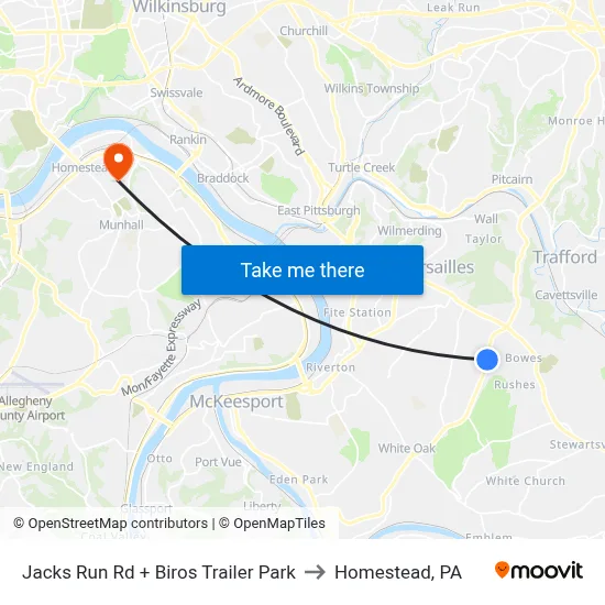 Jacks Run Rd + Biros Trailer Park to Homestead, PA map