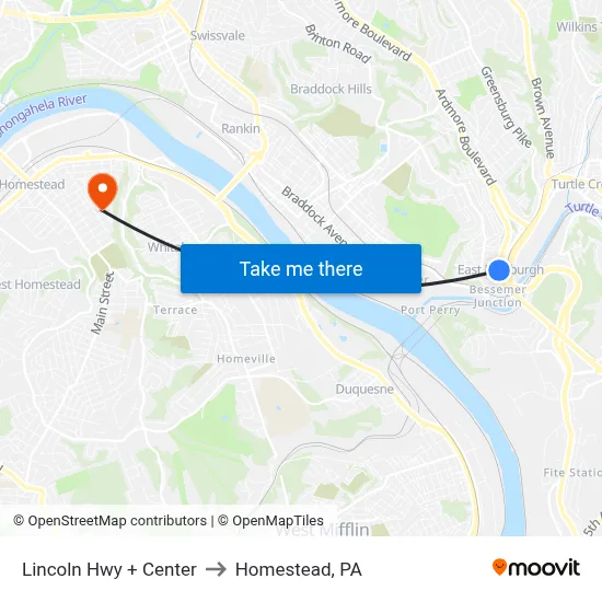 Lincoln Hwy + Center to Homestead, PA map
