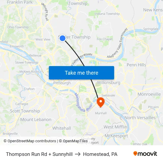 Thompson Run Rd + Sunnyhill to Homestead, PA map