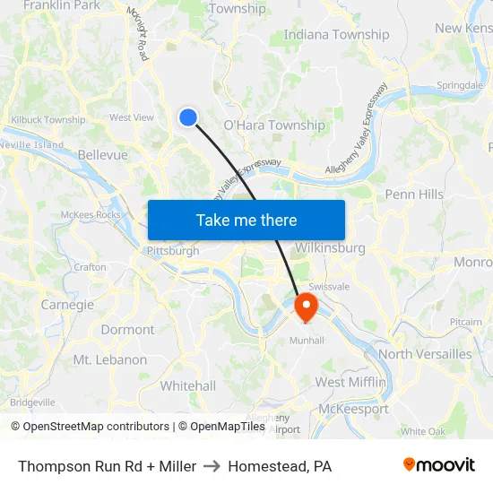 Thompson Run Rd + Miller to Homestead, PA map