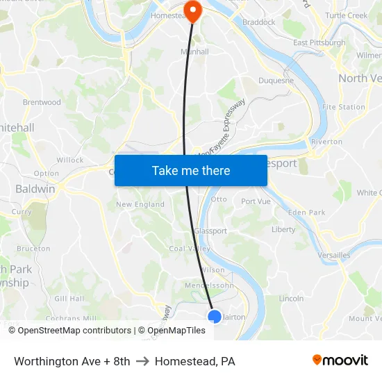 Worthington Ave + 8th to Homestead, PA map