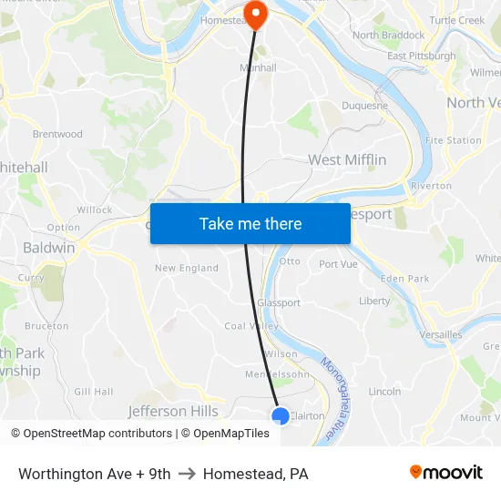 Worthington Ave + 9th to Homestead, PA map