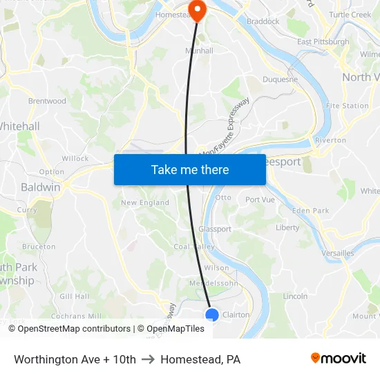 Worthington Ave + 10th to Homestead, PA map