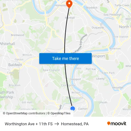Worthington Ave + 11th FS to Homestead, PA map