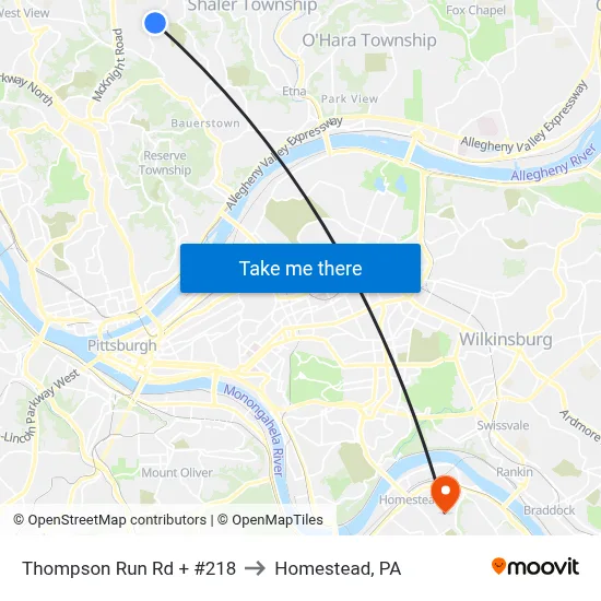 Thompson Run Rd + #218 to Homestead, PA map