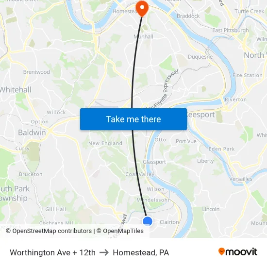 Worthington Ave + 12th to Homestead, PA map