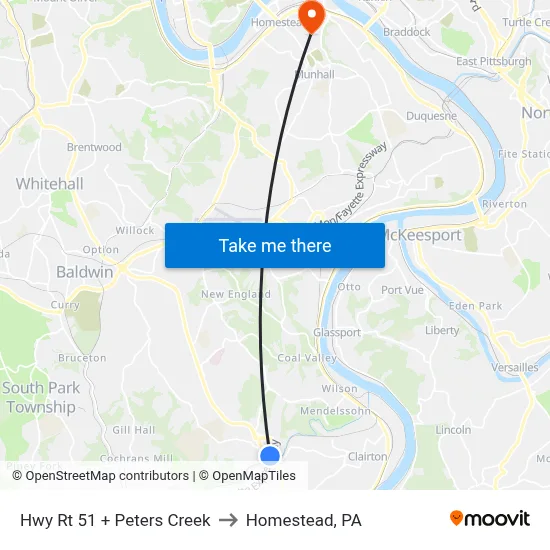 Hwy Rt 51 + Peters Creek to Homestead, PA map