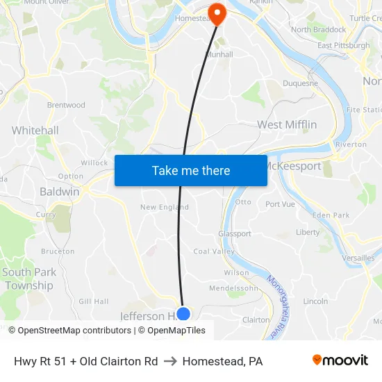 Hwy Rt 51 + Old Clairton Rd to Homestead, PA map