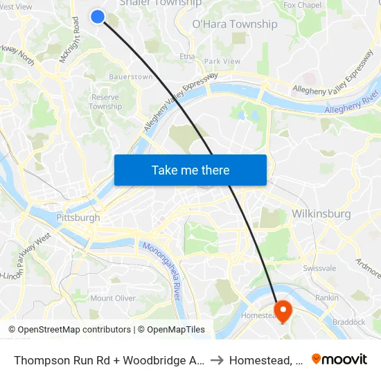 Thompson Run Rd + Woodbridge Apts to Homestead, PA map