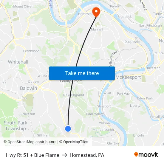 Hwy Rt 51 + Blue Flame to Homestead, PA map