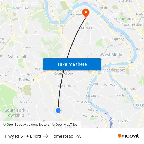 Hwy Rt 51 + Elliott to Homestead, PA map