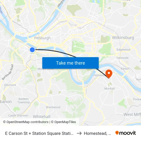 E Carson St + Station Square Station to Homestead, PA map