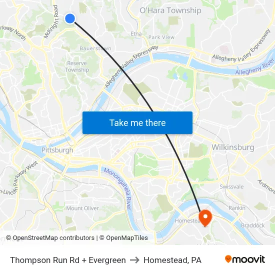 Thompson Run Rd + Evergreen to Homestead, PA map