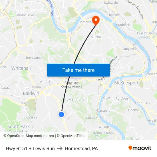 Hwy Rt 51 + Lewis Run to Homestead, PA map