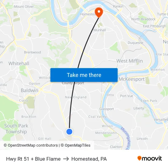 Hwy Rt 51 + Blue Flame to Homestead, PA map