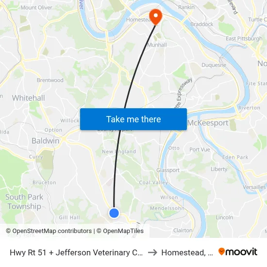 Hwy Rt 51 + Jefferson Veterinary Clinic to Homestead, PA map