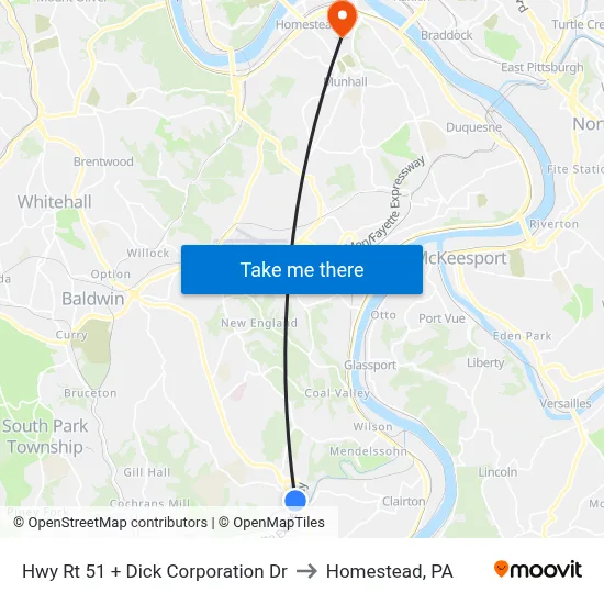 Hwy Rt 51 + Dick Corporation Dr to Homestead, PA map