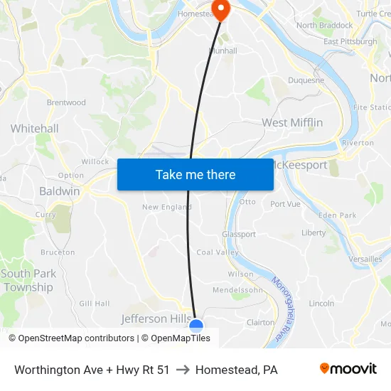 Worthington Ave + Hwy Rt 51 to Homestead, PA map