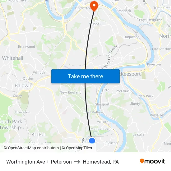 Worthington Ave + Peterson to Homestead, PA map